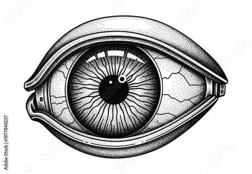 Detailed bionic eye, a futuristic and intricate cybernetic vector illustration.