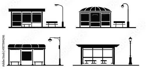 Set of city bus stop shelter silhouettes with street lamps and benches for urban public transportation map, flat vector illustration ideal for transit planning