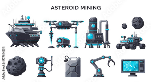 Illustration set of Asteroid mining industrial technology concept.
