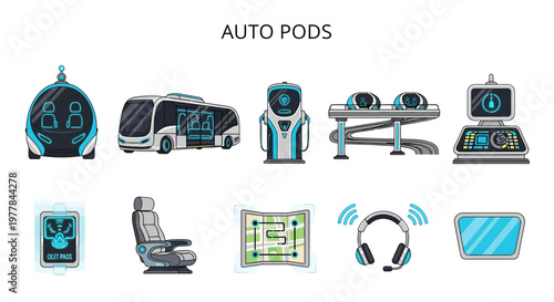 Illustration set of Auto Pods futuristic transportation icons.