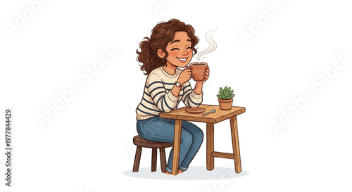 Young Woman Enjoying a Cup of Hot Coffee in a Cozy Cafe Illustration