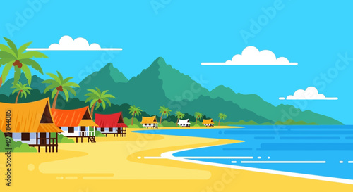 Tropical Beach Resort Village with Palm Trees and Mountains