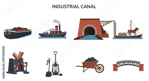 Modern Flat Vector set of Industrial canal with boats and equipment.