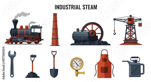 Cartoon set of Industrial steam engine and tools.