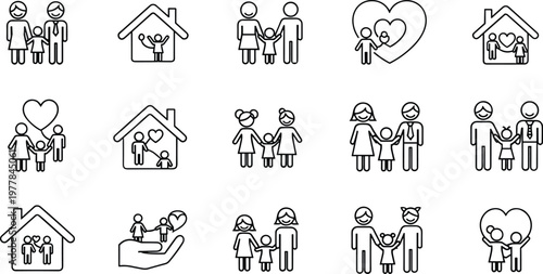 Family relationship editable stroke outline icon set featuring parents children home love care protection parenting vector symbol collection