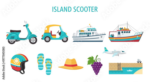 Island transportation and vacation icons.