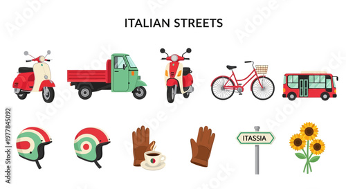 Illustration set of Italian streets transportation and objects.