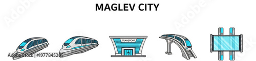 Cartoon set of Maglev train futuristic transportation technology.