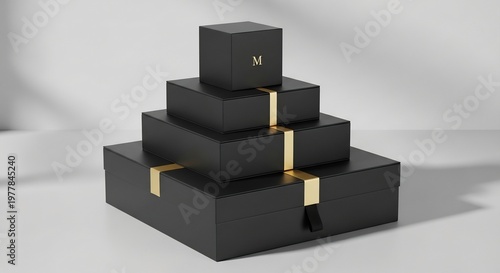 金色のリボンが際立つ豪華な黒いギフトボックスが洗練された空間にスタイリッシュに積み重なり特別な贈り物. AI Generated