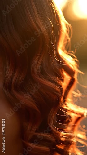 A close up view of long wavy brown hair illuminated by the warm golden light of a sunset
