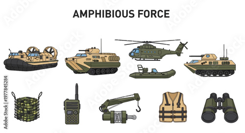 Modern Flat Vector set of Military amphibious force equipment vehicles.