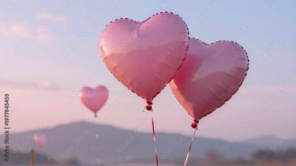 Obraz premium Pink heart balloons floating against sunset sky