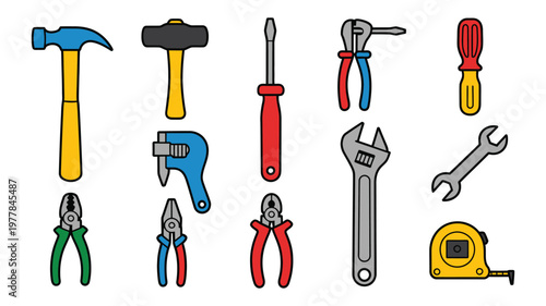 Set of colorful hand tools illustrations for construction and repair, vibrant vector artwork featuring hammers, screwdrivers, wrenches, pliers