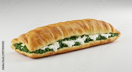 外は香ばしく中はふっくら焼きたての惣菜パンたっぷりほうれん草ととろけるチーズが詰まり柔らかなスタジオ光がその魅力を鮮やかに引き立てる. AI Generated