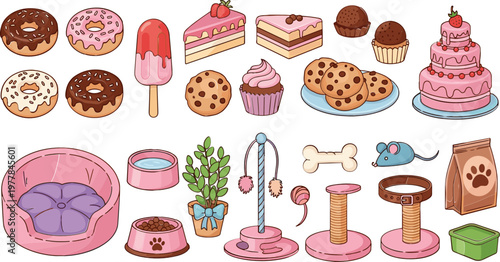 Cute Desserts and Pet Accessories Collection Featuring Donuts, Cakes, Ice Cream, and Pet Toys for Food, Animals, and Fun Illustrations