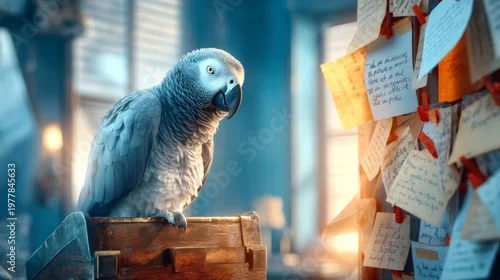 Obraz Grey African Parrot Sitting Upright on Vintage Wooden Chest