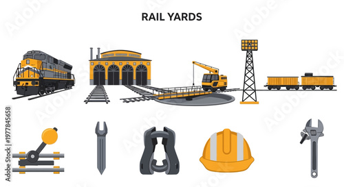 Cartoon set of Railway yard equipment and train cars.