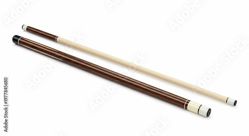 鮮やかな白い背景に木目美しい分割式プールキューが明るく浮かび上がる静物写真. AI Generated