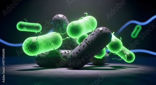 Microscopic view of glowing green rod shaped bacteria in dark background with blue wavy lines.
