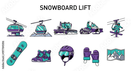Cartoon set of Snowboard lift and gear illustrations.