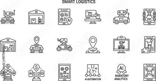 Smart logistics outline icon set featuring AI warehouse automation delivery tracking inventory analytics transport technology vector symbol collection