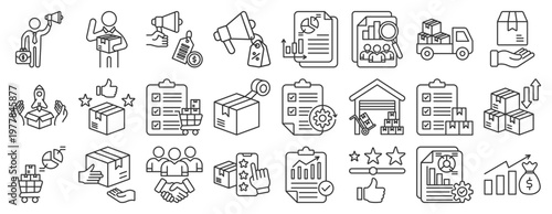 Logistics and Supply Chain Icon Set. Outline Icon Style Including Marketing, Campaign, Product Delivery, Sales, Promotion, Customer, Feedback, Data Report, Data Analysis, Logistics, Transport