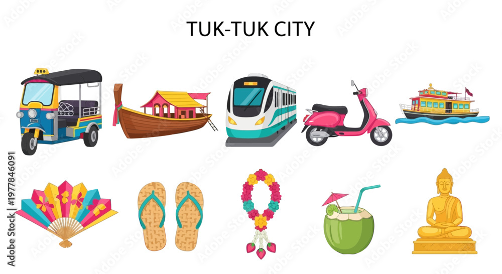 Naklejka premium Tuk Tuk City Travel Vacation Icons.