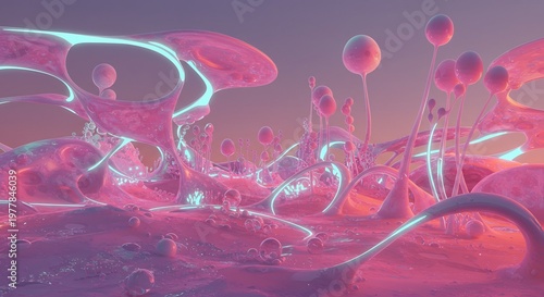 ピンク色の広大な異世界風景 柔らかな光が全体を優しく包み込み幻想的な雰囲気を醸し出す 透明感のある有機的な構造体が神秘的に美しく輝き広がる夢のような光景 魅惑的な未来の惑星の姿. AI Generated