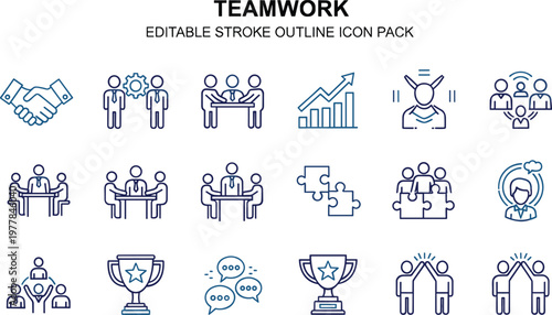 Teamwork editable stroke outline icon pack featuring collaboration handshake meeting leadership growth achievement communication business partnership vector symbol collection