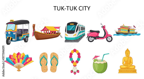Tuk Tuk City Travel Vacation Icons.