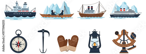 Illustration set of Vintage nautical icons and ships sailing.