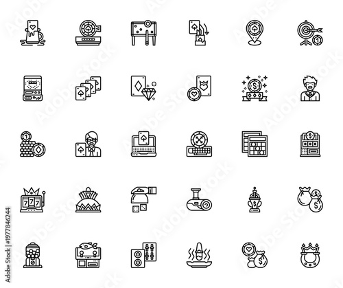 Casino icon set. Gambling vector symbols pack. Includes roulette, slot machine, poker chips, dice, ace, blackjack, trophy, money bag and more. Editable stroke.