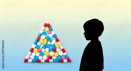 Conceptual image of child silhouette looking at medicine pills arranged in pyramid shape.