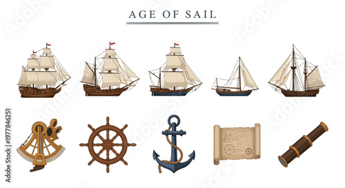 Modern Flat Vector set of Vintage nautical ships and sailing equipment.