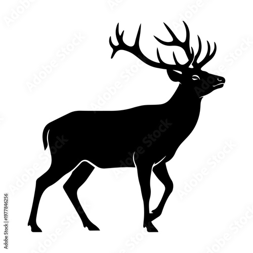 black silhouette of a deer with large antlers isolated on transparent background