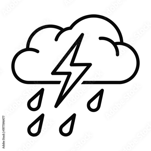 Weather icon of thunderstorm with lightning and raindrops on white background
