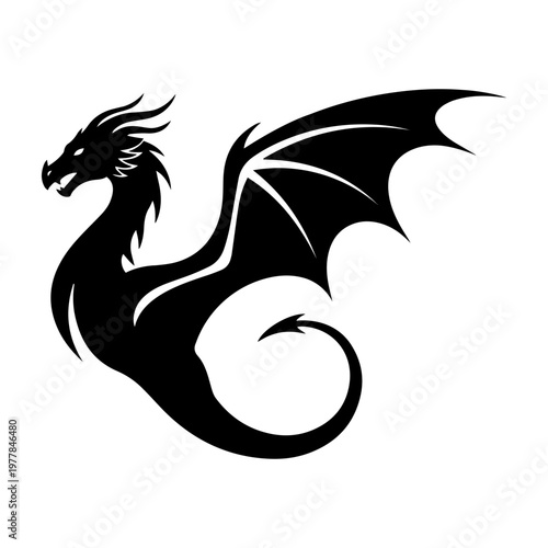 black dragon silhouette with wings spread isolated on transparent background