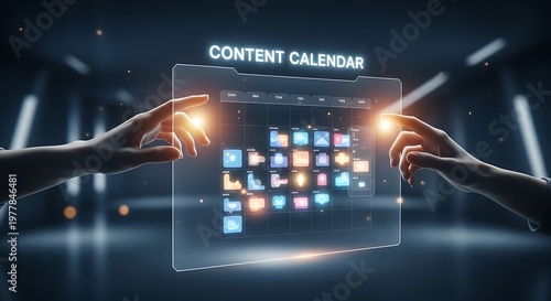 Two hands interact with a futuristic holographic content calendar interface, showcasing digital planning and organization.