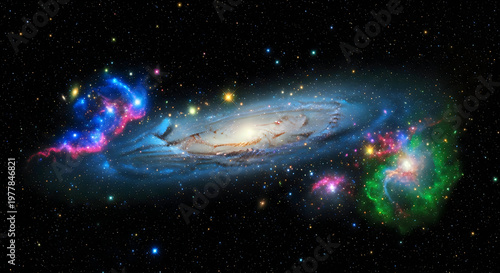 Vast colorful galaxy with nebulae and stars in deep space, astronomical view.