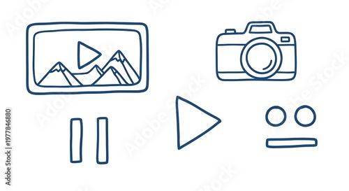 Simple blue hand-drawn icons of a screen with mountains, camera, play/pause, and other multimedia symbols
