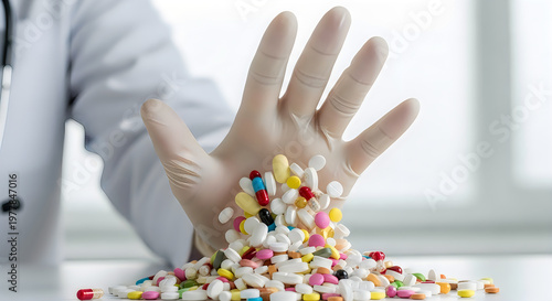 Doctor's gloved hand stopping pile of colorful pills and capsules on white table, medical concept.