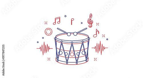 Drum with musical notes and sound waves vector illustration