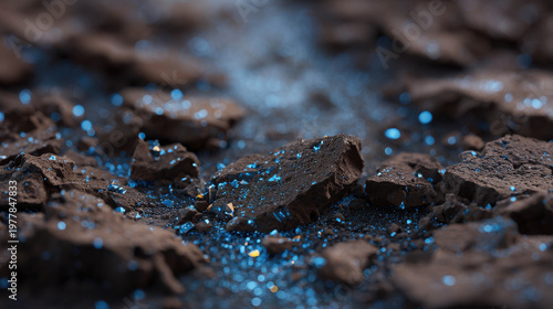Abstract close-up view of textured brown stones scattered with sparkling light spots. The image captures a detailed view, highlighting the rough surfaces and reflective qualities. 