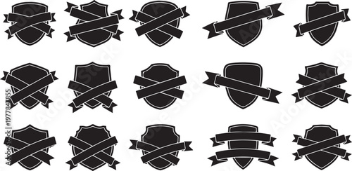 Set of black shield and banner icons