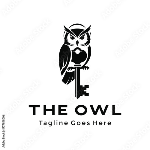 Black wise owl perched with antique old skeleton key for knowledge wisdom security mystery Logo Design