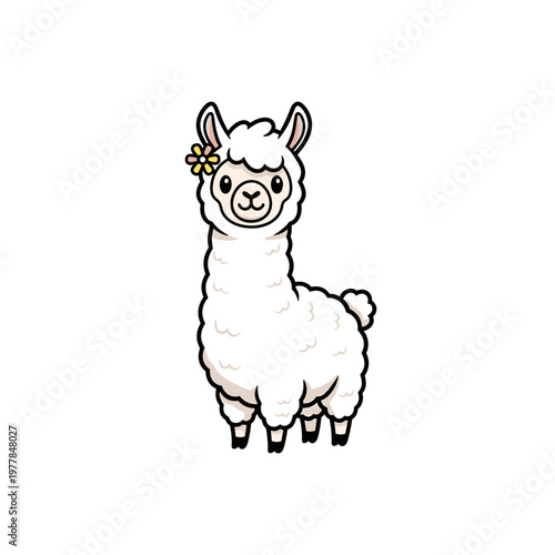 Cute cartoon white llama with a flower on its head isolated on a clean white background