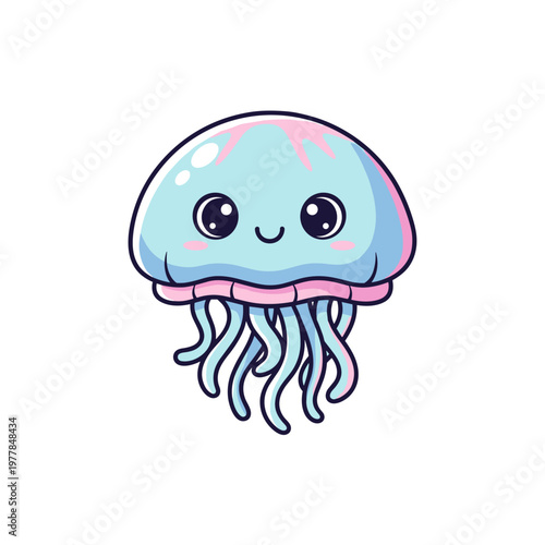 Cute happy blue and pink cartoon jellyfish illustration