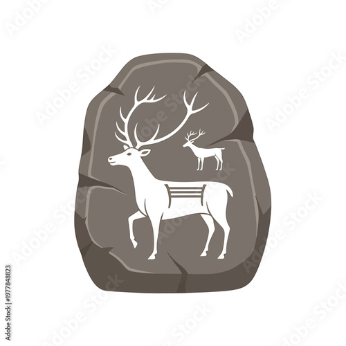 Ancient Cave Painting Illustration of Deer on a Stone Petroglyph