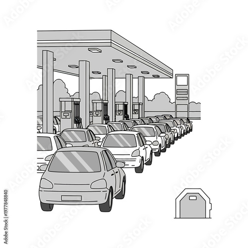 Long line of cars at a petrol station illustration