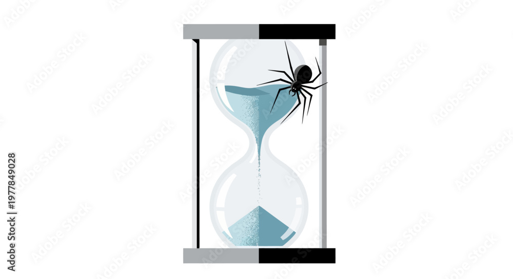 Fototapeta premium A spider sitting on a glass hourglass with blue sand inside.